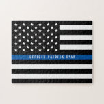 Police Thin Blue Line American Flag Add Name Jigsaw Puzzle<br><div class="desc">This police thin blue line puzzle features a black and white police thin blue line American flag  Personalise by replacing sample name with your own officer's name. Makes a great gift.</div>