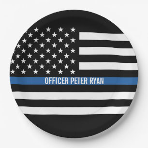 Police Thin Blue Line American Flag Add Name Paper Plate