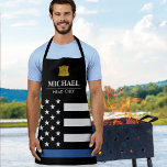 Police Thin Blue Line American Flag Apron<br><div class="desc">Law enforcement themed kitchen/BBQ apron for police officers. Featuring the american stars and stripes flag with the thin blue line,  a gold officer badge,  your name,  and personalised title.</div>