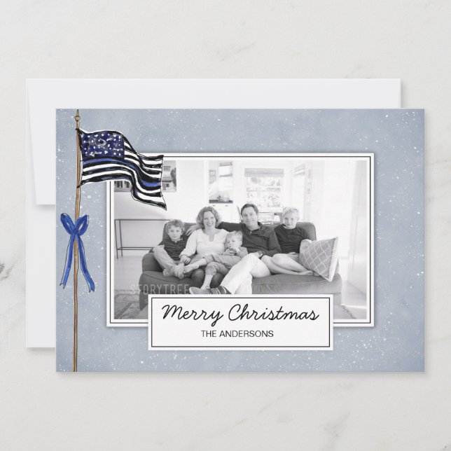 Police Thin Blue Line American Flag Family Photo Holiday Card (Front)