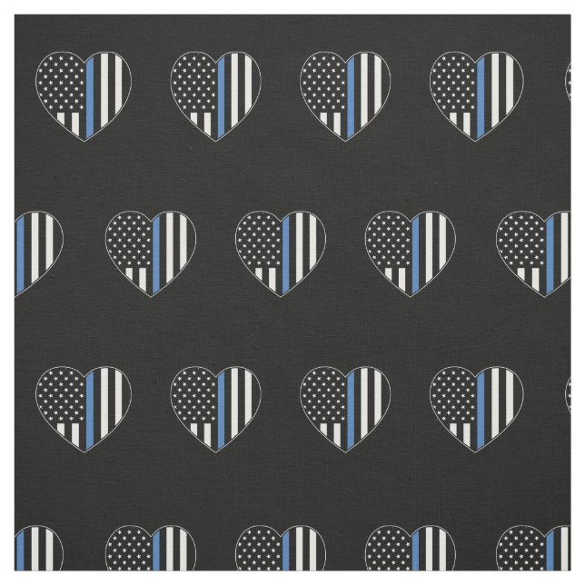 Police Thin Blue Line American Flag Heart Pattern Fabric (Swatch)