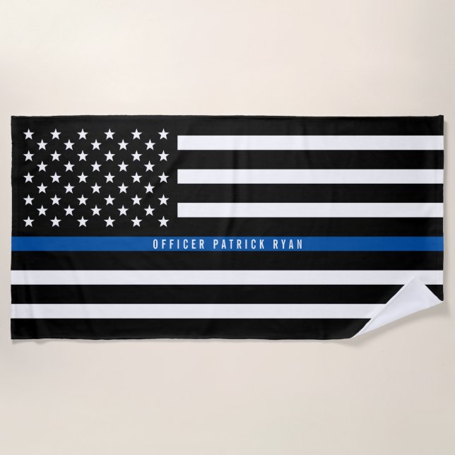 Police Thin Blue Line American Flag Monogrammed Beach Towel (Front)