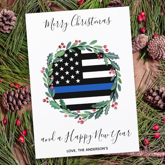 Police Thin Blue Line Christmas Wreath  Holiday Card (Creator Uploaded)