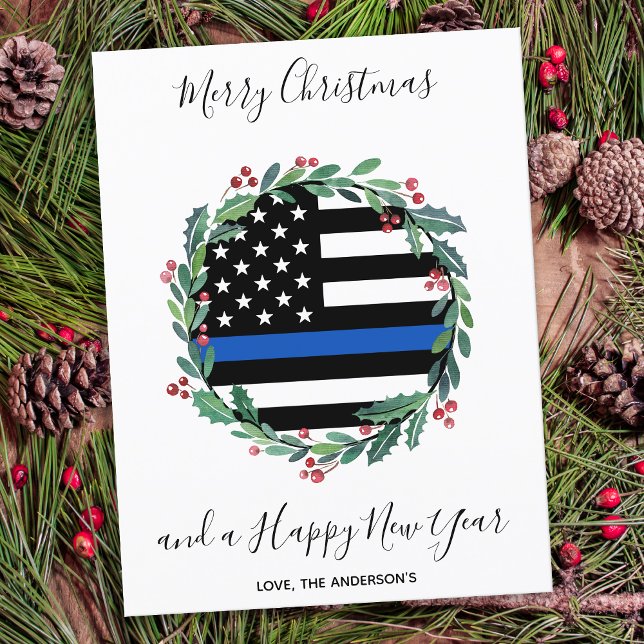 Police Thin Blue Line Christmas Wreath Holiday Postcard (Creator Uploaded)