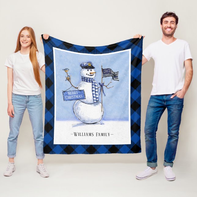 Police Thin Blue Line Flag Christmas Snowman Plaid Fleece Blanket (In Situ)