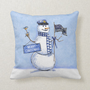 Police Thin Blue Line Flag Merry Christmas Snowman Cushion