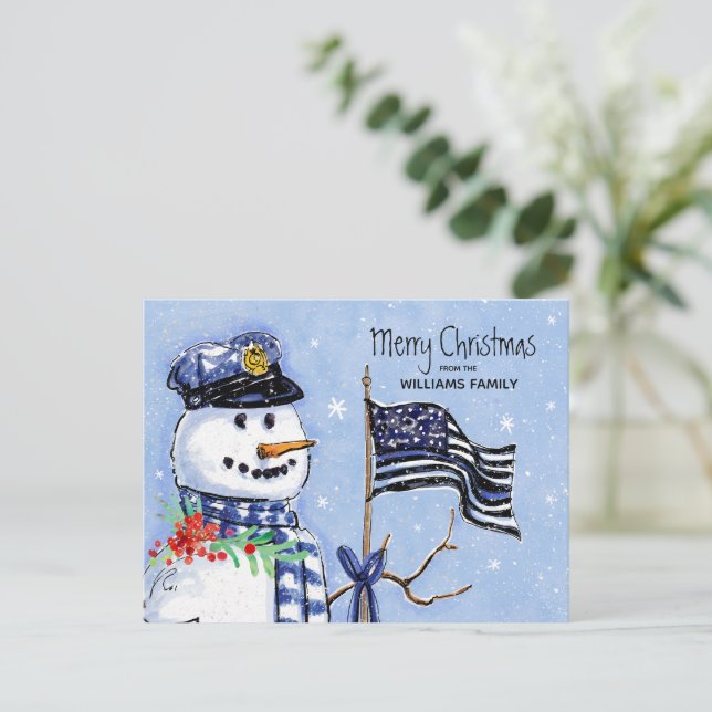 Police Thin Blue Line Flag Merry Christmas Snowman Holiday Postcard (Standing Front)