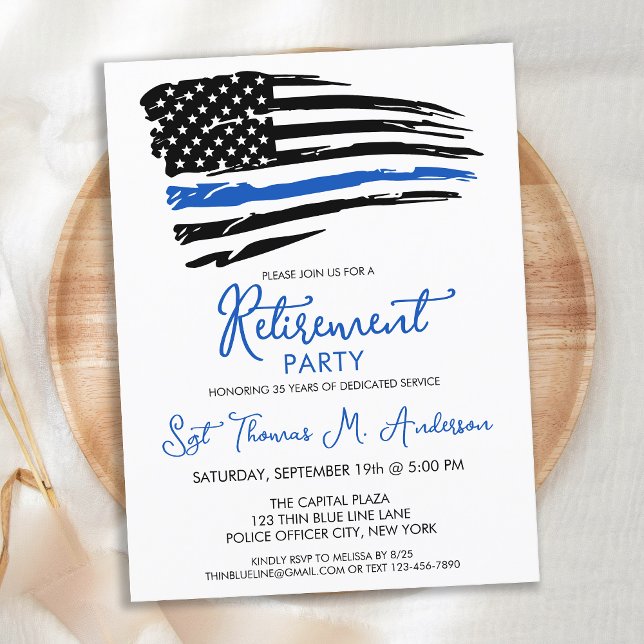 Police Thin Blue Line Flag Modern Retirement Party Invitation Postcard (Creator Uploaded)