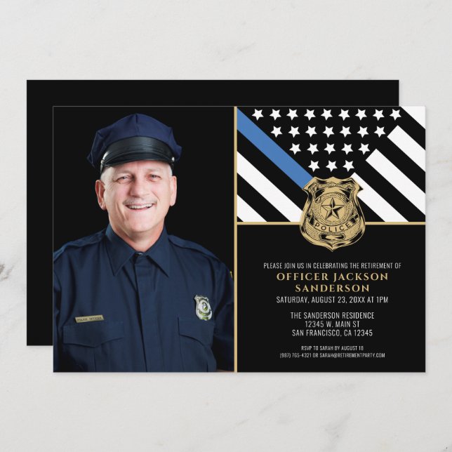 Police Thin Blue Line Flag Photo Retirement Invitation (Front/Back)