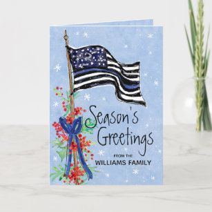Police Thin Blue Line Flag Seasons Greetings Holiday Card