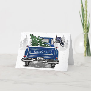 Police Thin Blue Line Flag Vintage Truck Christmas Holiday Card