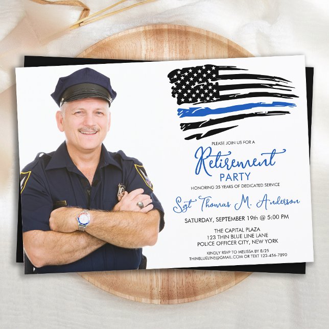 Police Thin Blue Line Personalise Photo Retirement Invitation (Creator Uploaded)