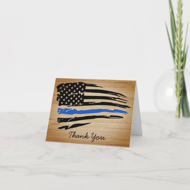 Police Thin Blue Line Rustic American Flag Thank You Card (Front)
