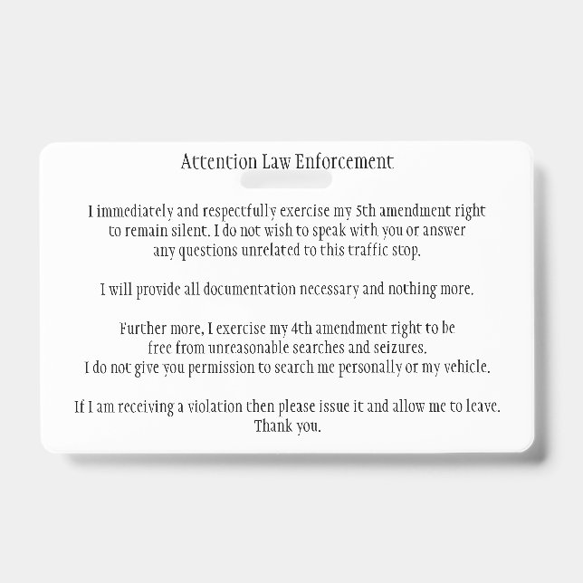 Police Traffic Stop Know Your Rights Card ID Badge (Front)