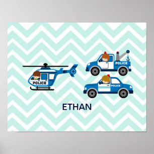 Police Trucks Helicopter Vehicles on Chevron Poster