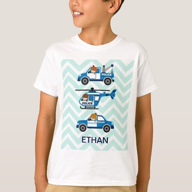 Police Trucks Helicopter Vehicles on Chevron T-Shirt (Front)