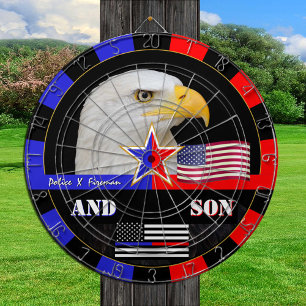 Police vs Fireman & Thin Blue / Red Line, flag USA Dartboard
