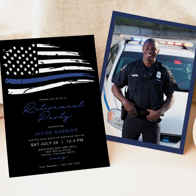Police Watercolor Thin Blue Line Flag Retirement Invitation (Creator Uploaded)