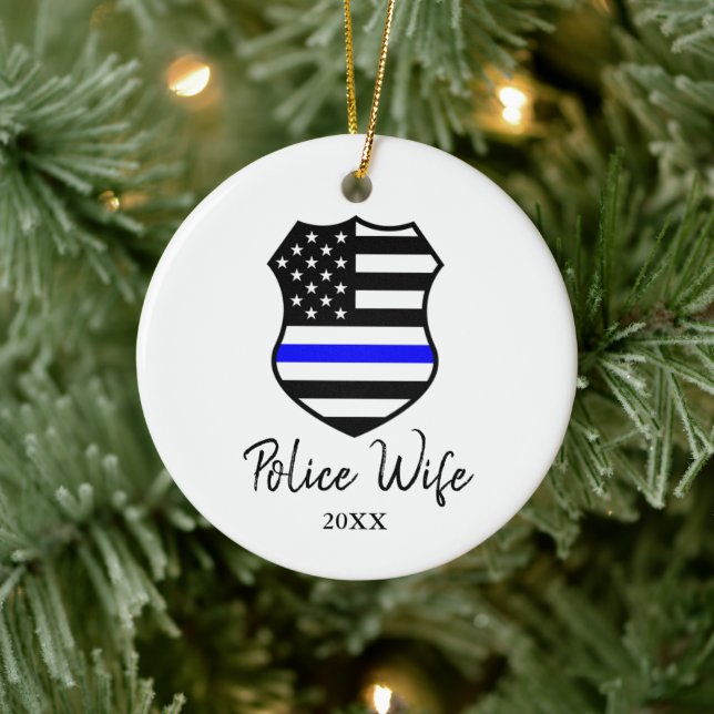 Police Wife Personalised Thin Blue Line Badge Ceramic Tree Decoration (Tree)