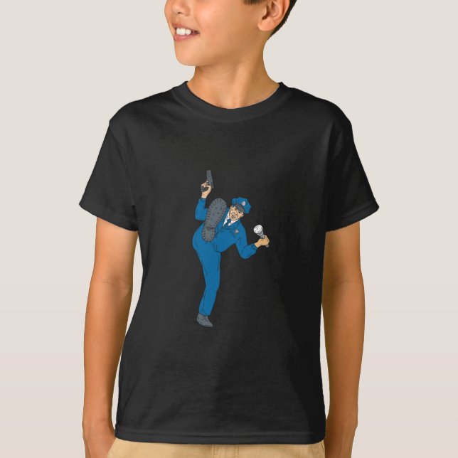Policeman Gun Flashlight Torch Kicking Drawing T-Shirt (Front)