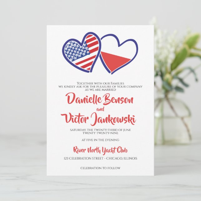 Polish American Heart Flags Wedding Invitation (Standing Front)