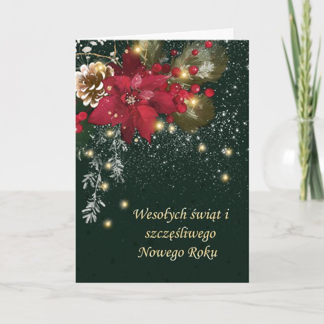 Polish Christmas Poinsettia Pine Holly Garland  Holiday Card (Front)