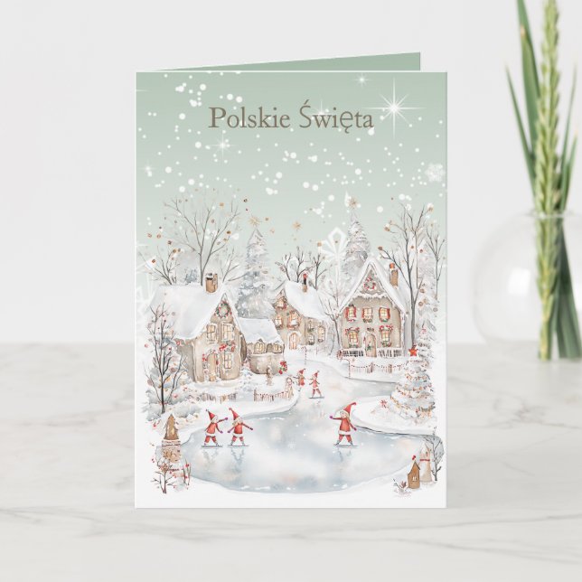 Polish Christmas Winter Snowy Houses Holiday Card (Front)