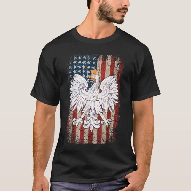 Polish Eagle American Flag Pride Poland T-Shirt (Front)