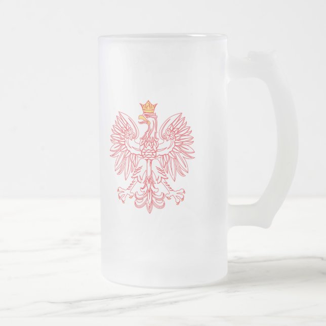 Polish Eagle Outlined In Red Frosted Glass Beer Mug (Right)