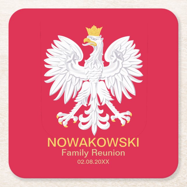Polish Eagle 🦅 Polski Poland Crest Reunion Square Paper Coaster (Front)