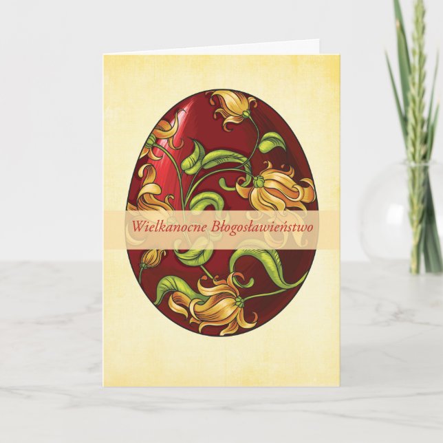 Polish Easter Religious Blessings, Egg with Lilies Holiday Card (Front)