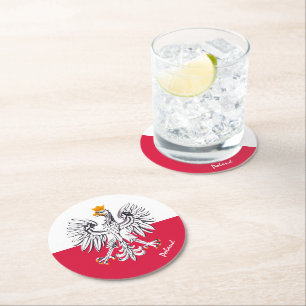 Polish flag & Eagle, Poland wedding, party /sports Round Paper Coaster