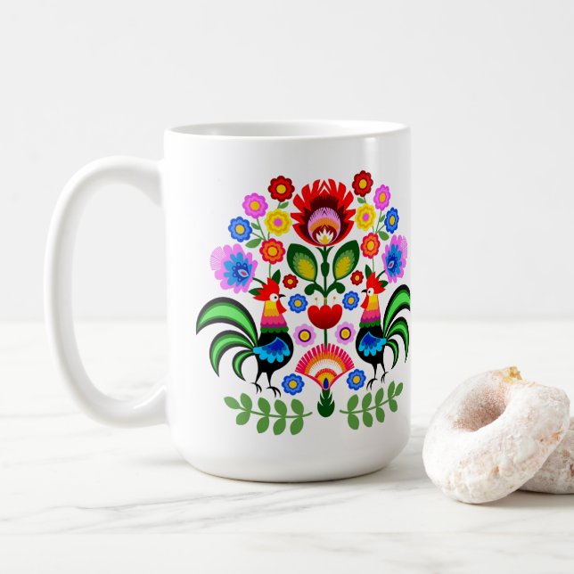 Polish folk art - floral embroidery pattern coffee mug (With Donut)