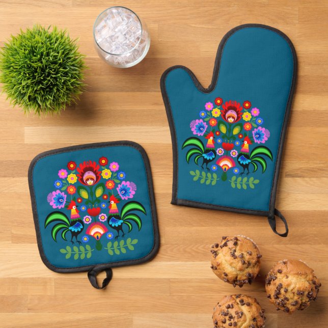 Polish folk art - floral embroidery pattern oven mitt & pot holder set (Top Down)