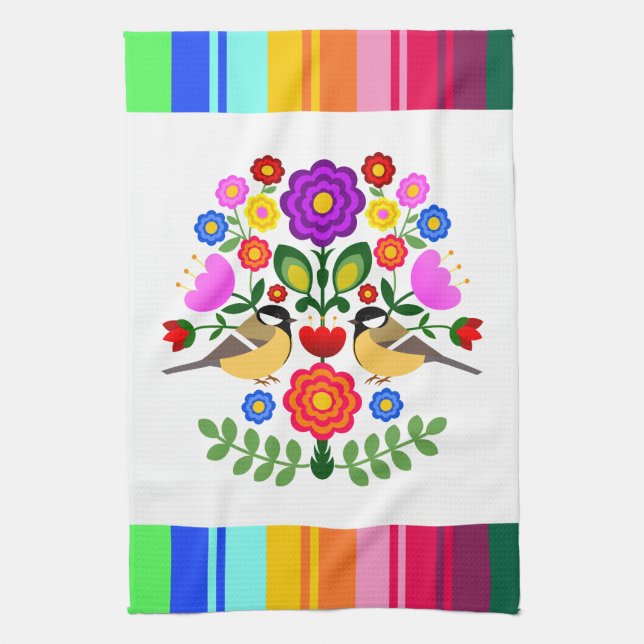 Polish folk art - floral embroidery pattern tea towel (Vertical)