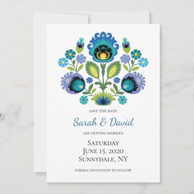 Polish Folk Flowers Blue Teal Save the Date Invitation (Front)