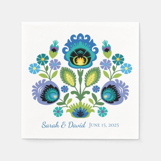 Polish Folk Flowers Blue Teal Wedding Napkin (Front)