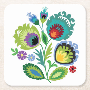 Polish Folk Flowers Green Square Paper Coaster
