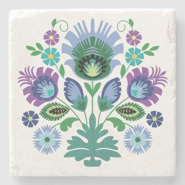 Polish Folk Flowers Light Blue Stone Coaster (Front)