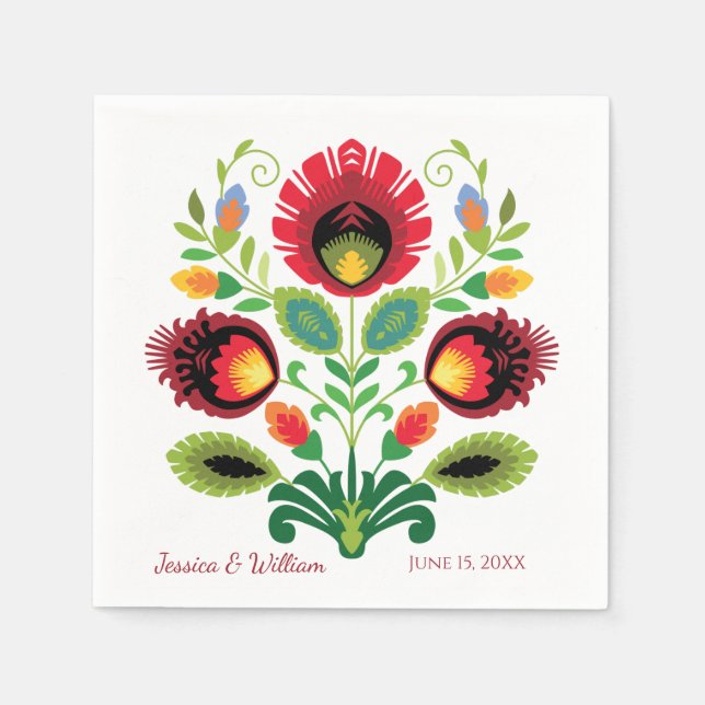 Polish Folk Flowers Red Wedding Napkin (Front)