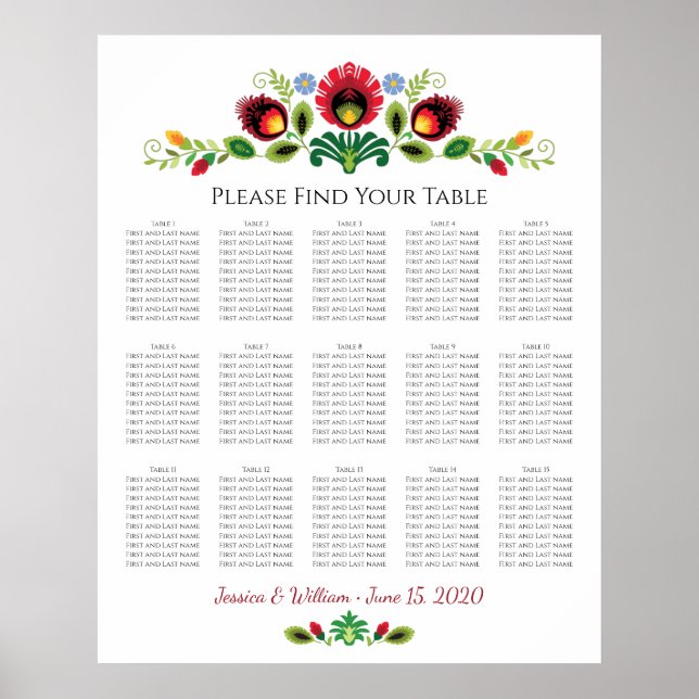 Polish Folk flowers Red Wedding Seating Chart (Front)