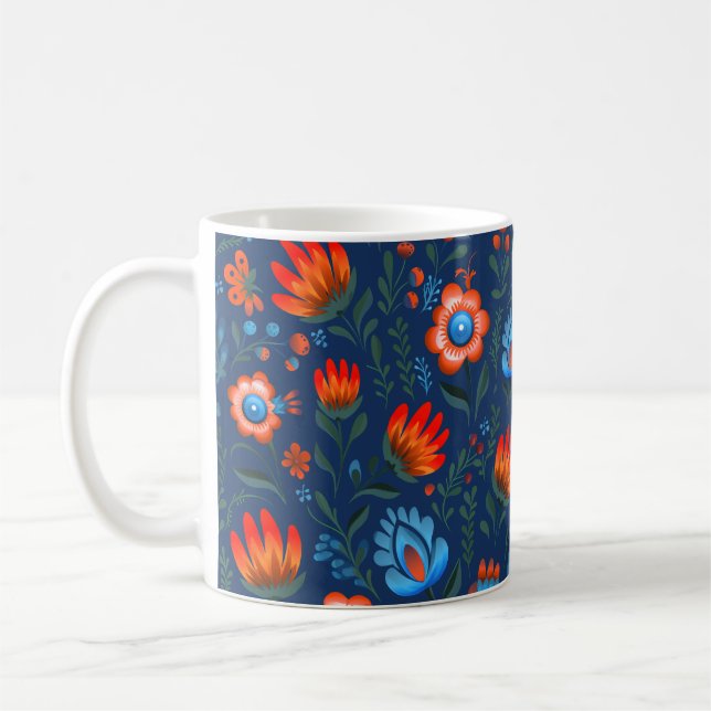 Polish Folk Flowers Wycinanki Blue Coffee Mug (Left)