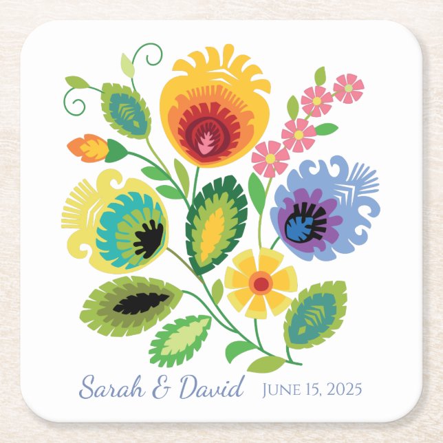 Polish Folk Flowers Yellow Wedding Square Paper Coaster (Front)