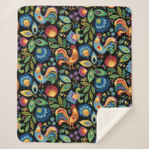 Polish Folk Roosters Sherpa Blanket