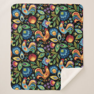 Polish Folk Roosters Sherpa Blanket