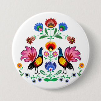 Polish Folk With Decorative Floral & Cockerels 7.5 Cm Round Badge