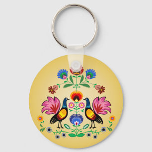 Polish Folk With Decorative Floral & Cockerels Key Ring