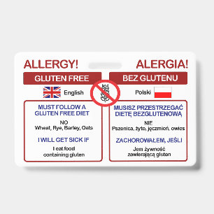 POLISH Gluten Free Travel Card   Allergy Badge ID Badge