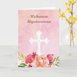 Polish Language Easter Blessings Pink Floral Cross Card