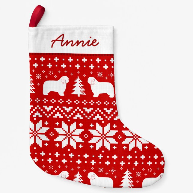 Polish Lowland Sheepdog Silhouettes Cute Pattern Small Christmas Stocking (Front)